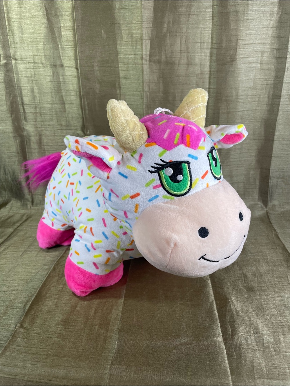 Peek a Boo Toys Plush Cow White Pink Sprinkles  Toy 15" pink yellow green GUC